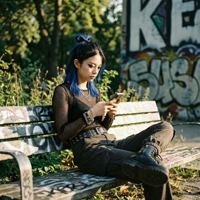 AI e-girl photo 50mm f/2.0 late afternoon park light full body