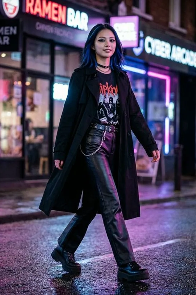 AI e-girl photo 85mm f/2.0 neon street light at night full body