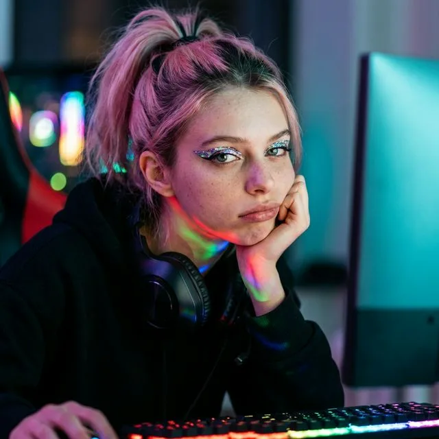 AI e-girl photo 105mm f/1.8 rgb gaming room light headshot