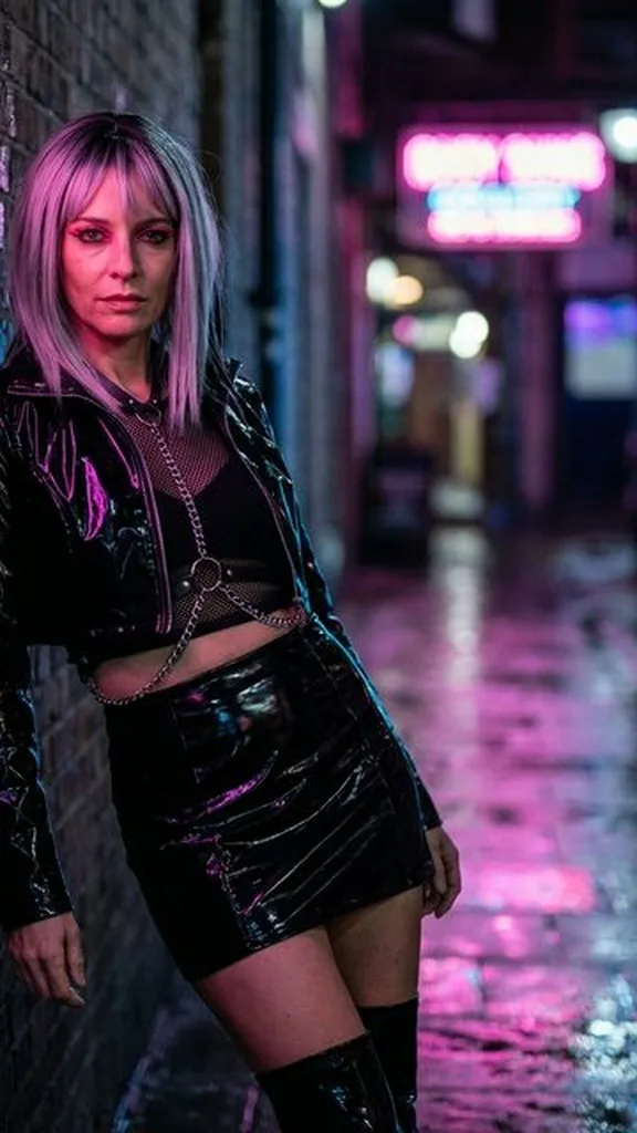 AI e-girl photo 85mm f/1.8 neon alley light full body