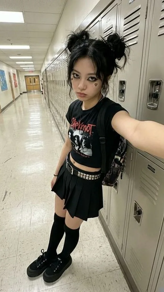 AI e-girl photo 0.5x ultra-wide school hallway light full body