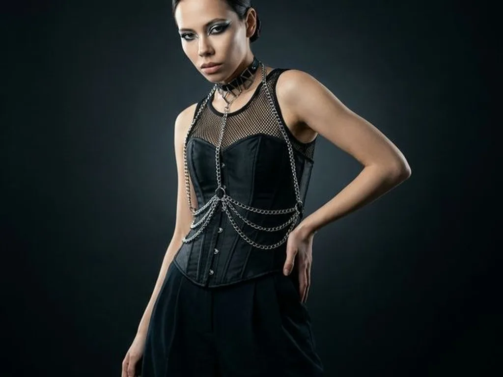 AI e-girl photo 85mm f/1.4 dramatic side studio light full body