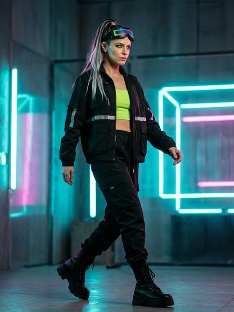 AI e-girl photo 85mm f/2.0 cyberpunk set studio light full body