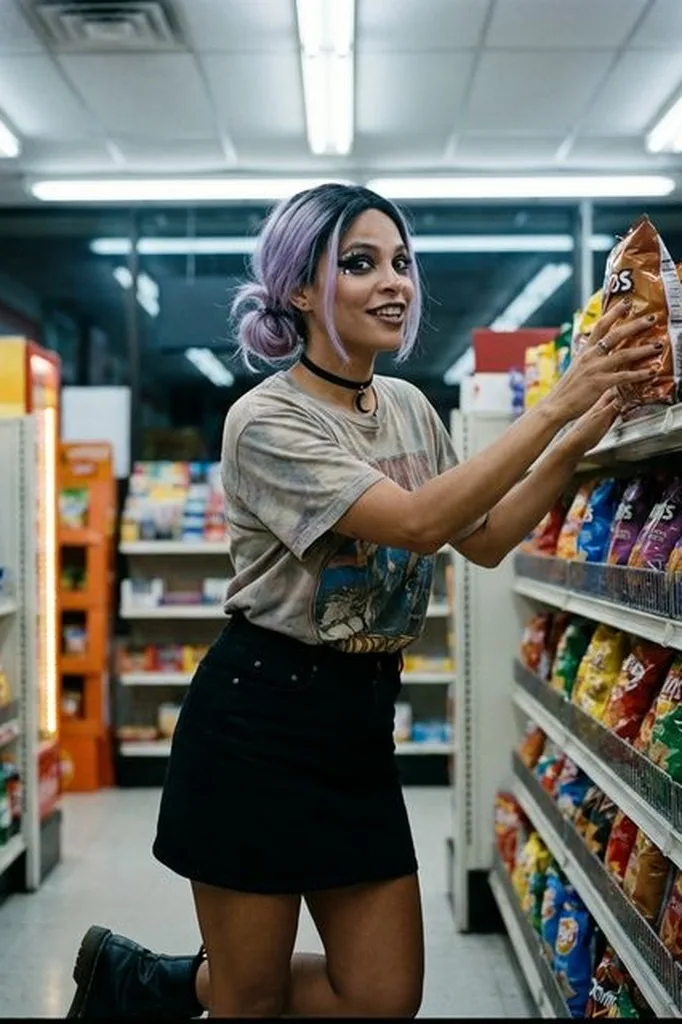 AI e-girl photo 35mm f/2.8 convenience store light full body