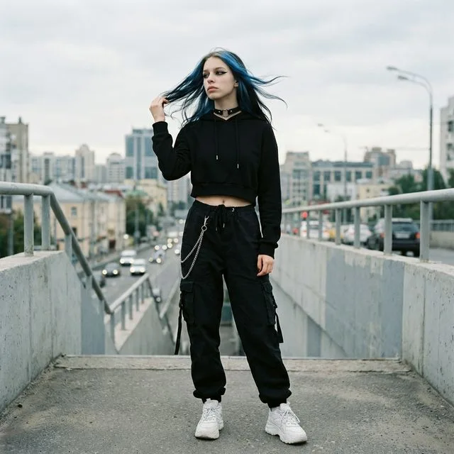 AI e-girl photo 50mm f/2.0 overcast daylight full body