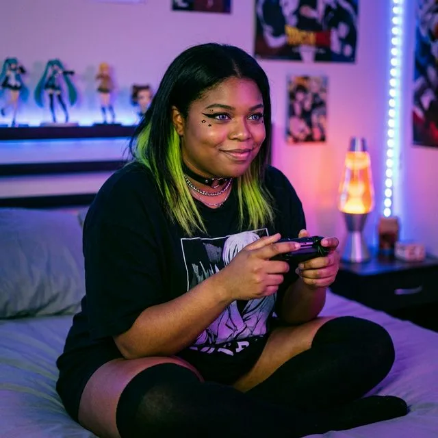 AI e-girl photo 85mm f/1.8 led strip light full body