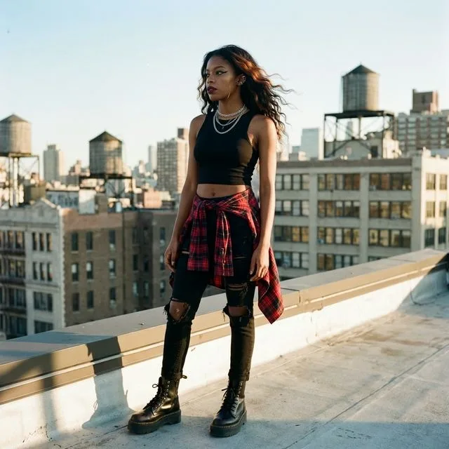 AI e-girl photo 35mm f/2.8 golden hour rooftop light full body