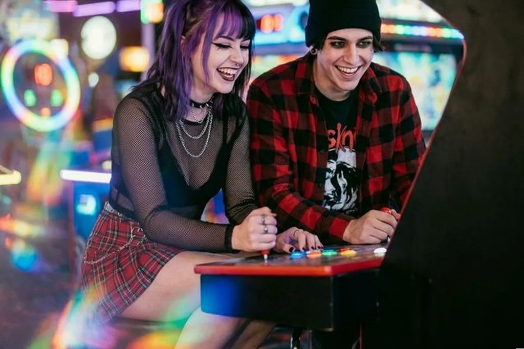 AI e-girl photo 85mm f/1.8 arcade neon light medium shot