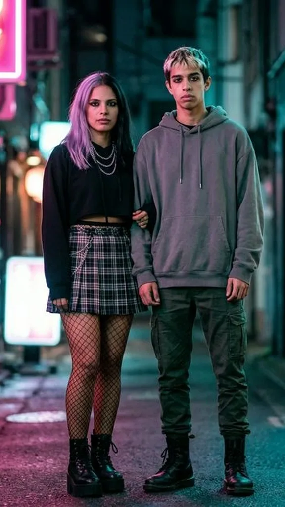 AI e-girl photo 85mm f/1.8 neon alley light medium shot