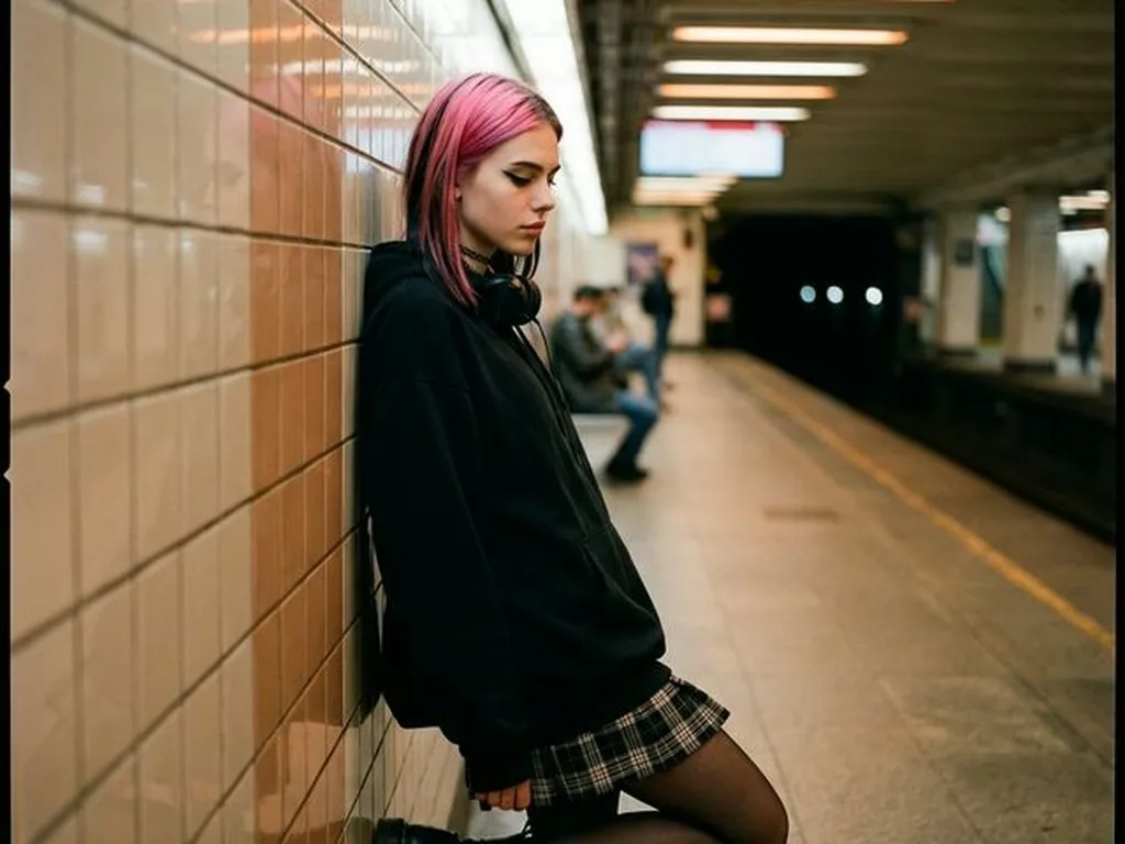 AI e-girl photo 50mm f/2.0 underground station light medium shot