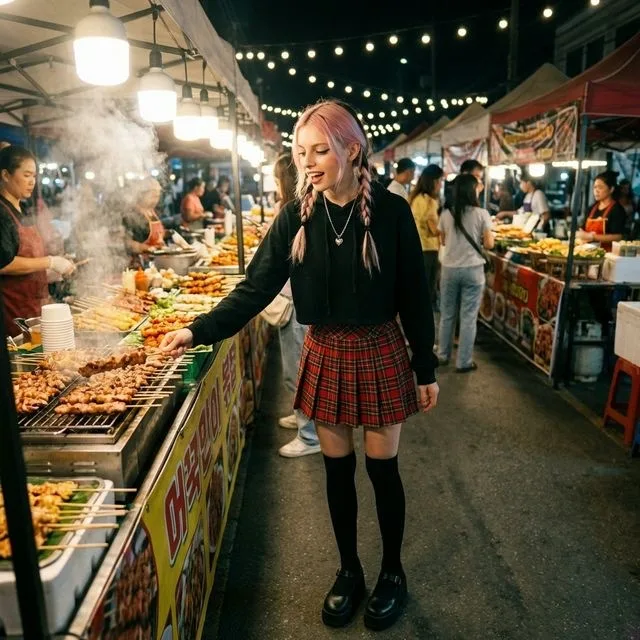 AI e-girl photo 35mm f/2.8 night market warm light full body